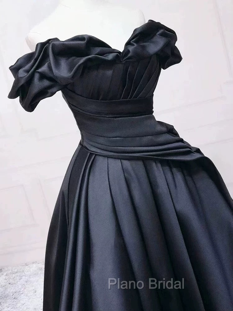 Pretty Ball Gown Off The Shoulder Black Satin Formal Prom Dresses Evening Dresses With Pleated