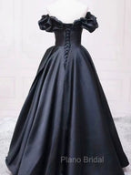 Pretty Ball Gown Off The Shoulder Black Satin Formal Prom Dresses Evening Dresses With Pleated