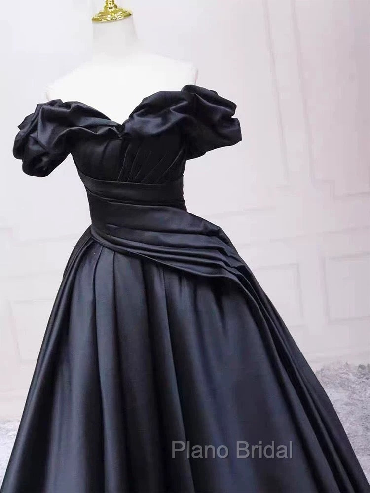 Pretty Ball Gown Off The Shoulder Black Satin Formal Prom Dresses Evening Dresses With Pleated