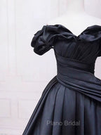Pretty Ball Gown Off The Shoulder Black Satin Formal Prom Dresses Evening Dresses With Pleated
