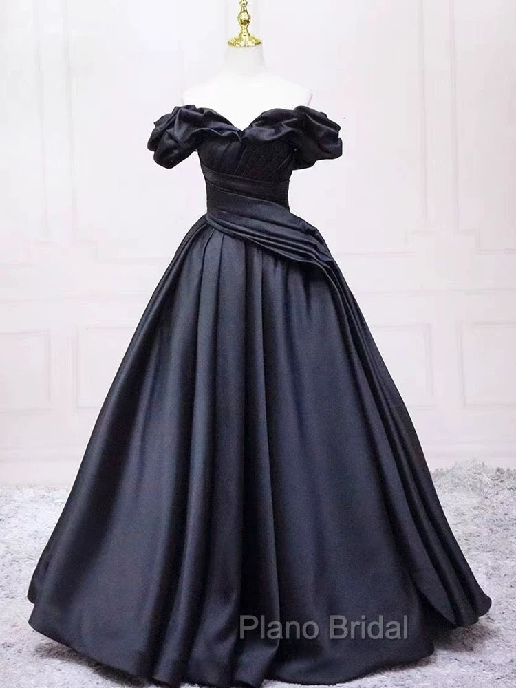 Pretty Ball Gown Off The Shoulder Black Satin Formal Prom Dresses Evening Dresses With Pleated