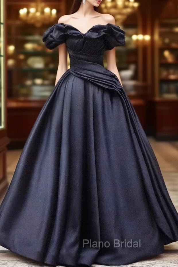 Pretty Ball Gown Off The Shoulder Black Satin Formal Prom Dresses Evening Dresses With Pleated