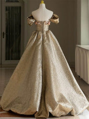Pretty Ball Gown Off The Shoulder Gold Satin Long Ruffles Prom Dresses Sweet 16 Dresses
