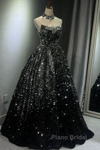 Pretty Ball Gown Strapless Black Sequin Formal Prom Dresses Evening Dresses