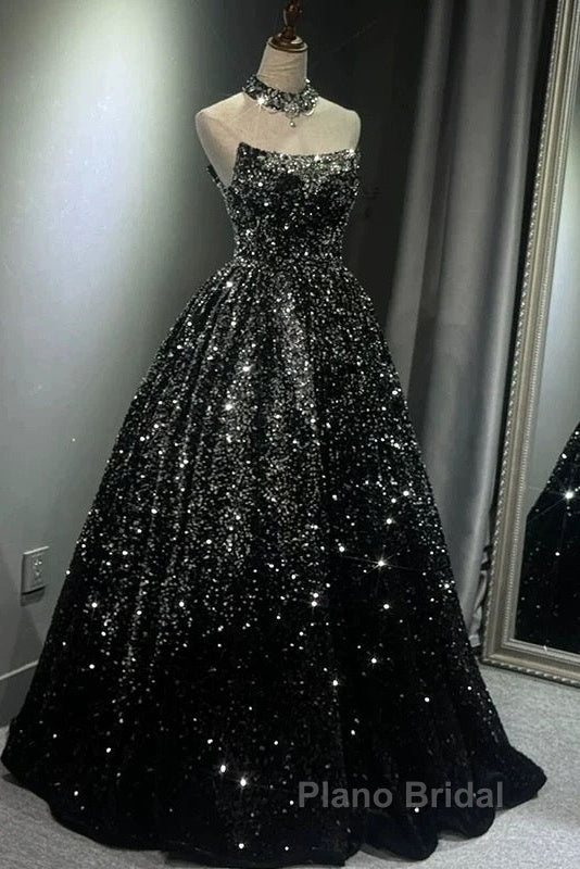 Pretty Ball Gown Strapless Black Sequin Formal Prom Dresses Evening Dresses