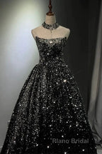 Pretty Ball Gown Strapless Black Sequin Formal Prom Dresses Evening Dresses