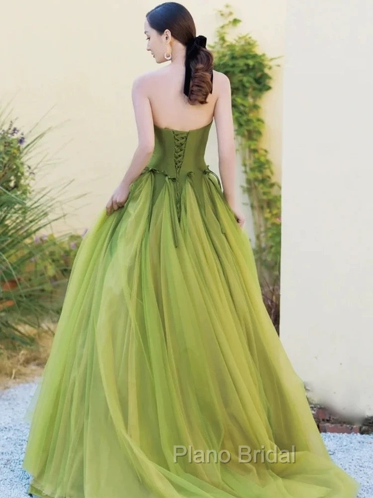 Pretty Ball Gown Strapless Bud Green Tulle Formal Prom Dresses Evening Dresses