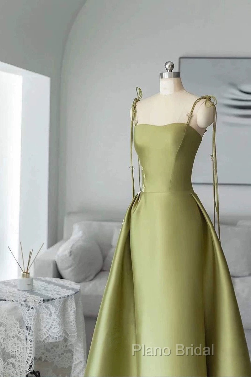 Pretty Ball Gown Straps Sage Green Satin Long Length Formal Dresses Formal Prom Dresses