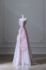 Pretty Ball Gown Sweetheart Pink Floral Tulle Long Formal Prom Dresses Evening Gowns