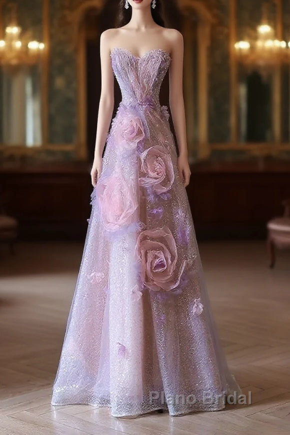 Pretty Ball Gown Sweetheart Pink Floral Tulle Long Formal Prom Dresses Evening Gowns Main image