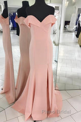 Pretty Blush Pink Mermaid V-Neck Off Shoulder Formal Prom Dresses Long