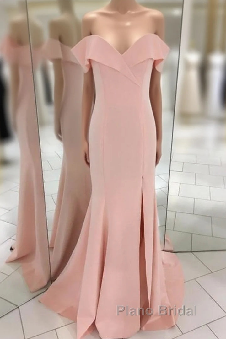 Pretty Blush Pink Mermaid V-Neck Off Shoulder Formal Prom Dresses Long