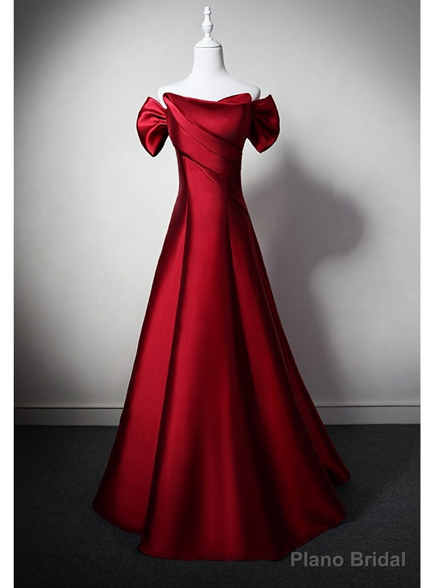 Pretty Burgundy Satin Off the Shoulder Pleats Prom Dress Main image