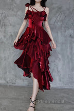 Pretty Irregular Ruffled Spaghetti Straps Burgundy Formal Prom Dresses With Detachable Rose Long Birthday Dresses For Women