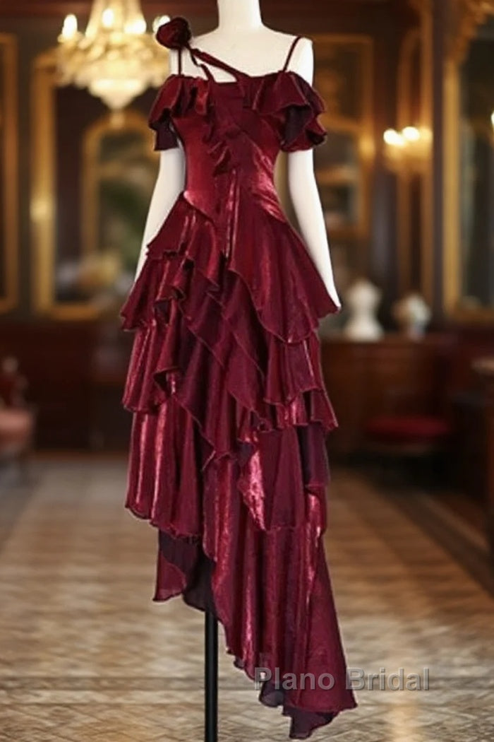 Pretty Irregular Ruffled Spaghetti Straps Burgundy Formal Prom Dresses With Detachable Rose Long Birthday Dresses For Women