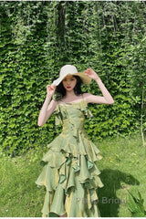 Pretty Irregular Ruffled Spaghetti Straps Green Formal Prom Dresses With Detachable Rose Long Birthday Dresses For Women