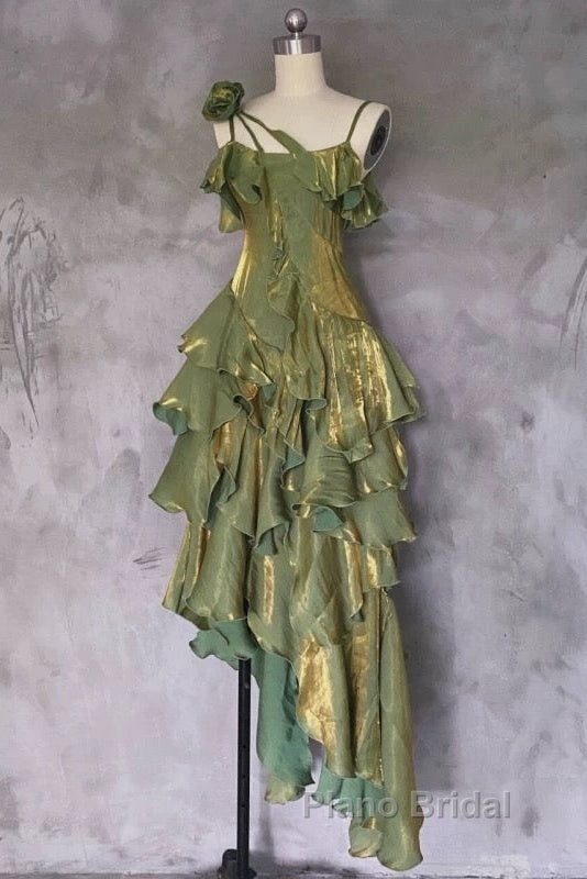 Pretty Irregular Ruffled Spaghetti Straps Green Formal Prom Dresses With Detachable Rose Long Birthday Dresses For Women