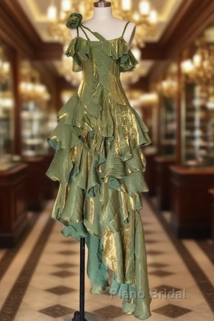 Pretty Irregular Ruffled Spaghetti Straps Green Formal Prom Dresses With Detachable Rose Long Birthday Dresses For Women