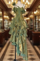 Pretty Irregular Ruffled Spaghetti Straps Green Formal Prom Dresses With Detachable Rose Long Birthday Dresses For Women