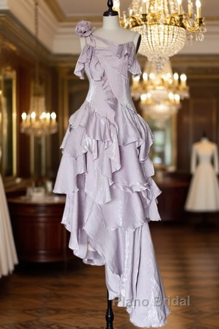 Pretty Irregular Ruffled Suspender Formal Prom Dresses With Detachable Rose Long Birthday Dresses For Women