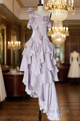 Pretty Irregular Ruffled Suspender Formal Prom Dresses With Detachable Rose Long Birthday Dresses For Women