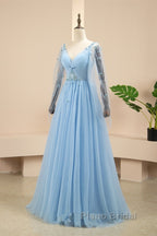 Pretty Light Blue A-Line Puffy Sleeves Party Dresses, Light Blue Evening Dresses Formal Prom Dresses