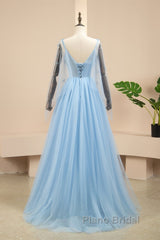 Pretty Light Blue A-Line Puffy Sleeves Party Dresses, Light Blue Evening Dresses Formal Prom Dresses