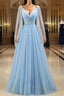 Pretty Light Blue A-Line Puffy Sleeves Party Dresses, Light Blue Evening Dresses Formal Prom Dresses