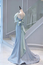 Pretty Mermaid Blue Satin Long Evening Dresses Formal Prom Dresses