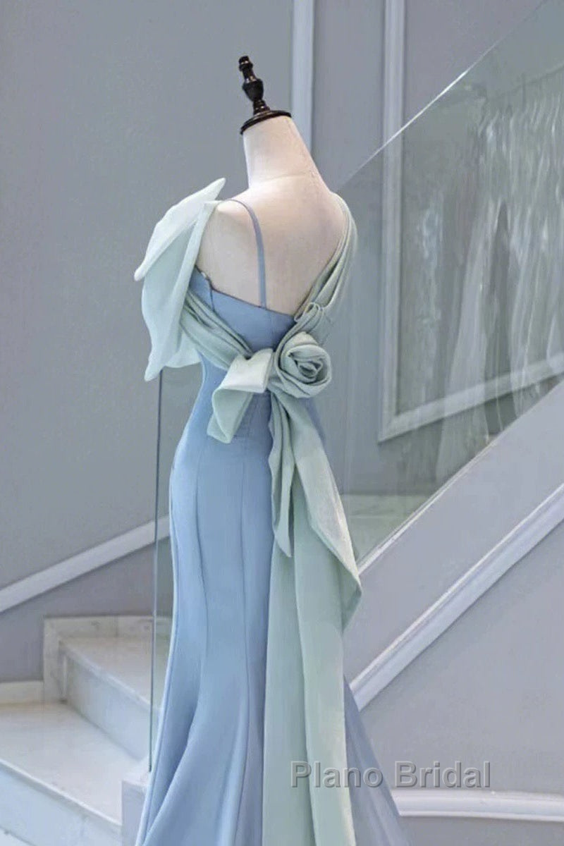 Pretty Mermaid Blue Satin Long Evening Dresses Formal Prom Dresses