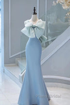 Pretty Mermaid Blue Satin Long Evening Dresses Formal Prom Dresses