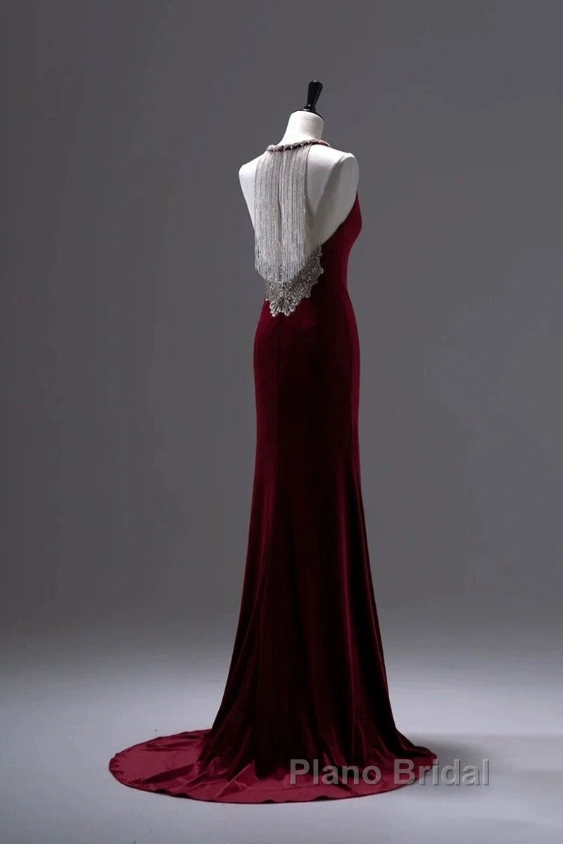 Pretty Mermaid Burgundy Velvet Long Backless Evening Dresses Formal Prom Dresses Secondary image