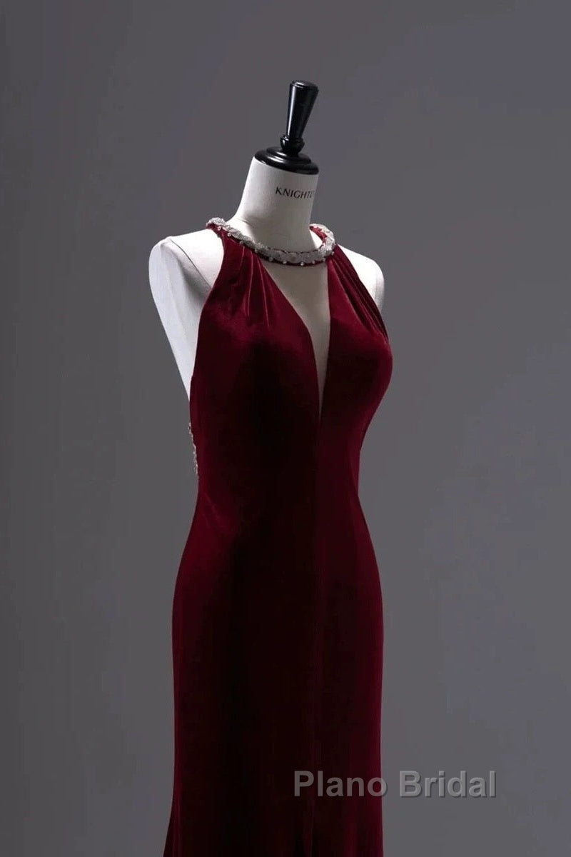 Pretty Mermaid Burgundy Velvet Long Backless Evening Dresses Formal Prom Dresses