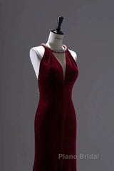 Pretty Mermaid Burgundy Velvet Long Backless Evening Dresses Formal Prom Dresses