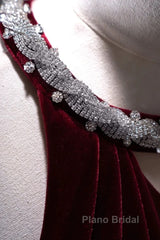 Pretty Mermaid Burgundy Velvet Long Backless Evening Dresses Formal Prom Dresses