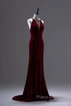 Pretty Mermaid Burgundy Velvet Long Backless Evening Dresses Formal Prom Dresses