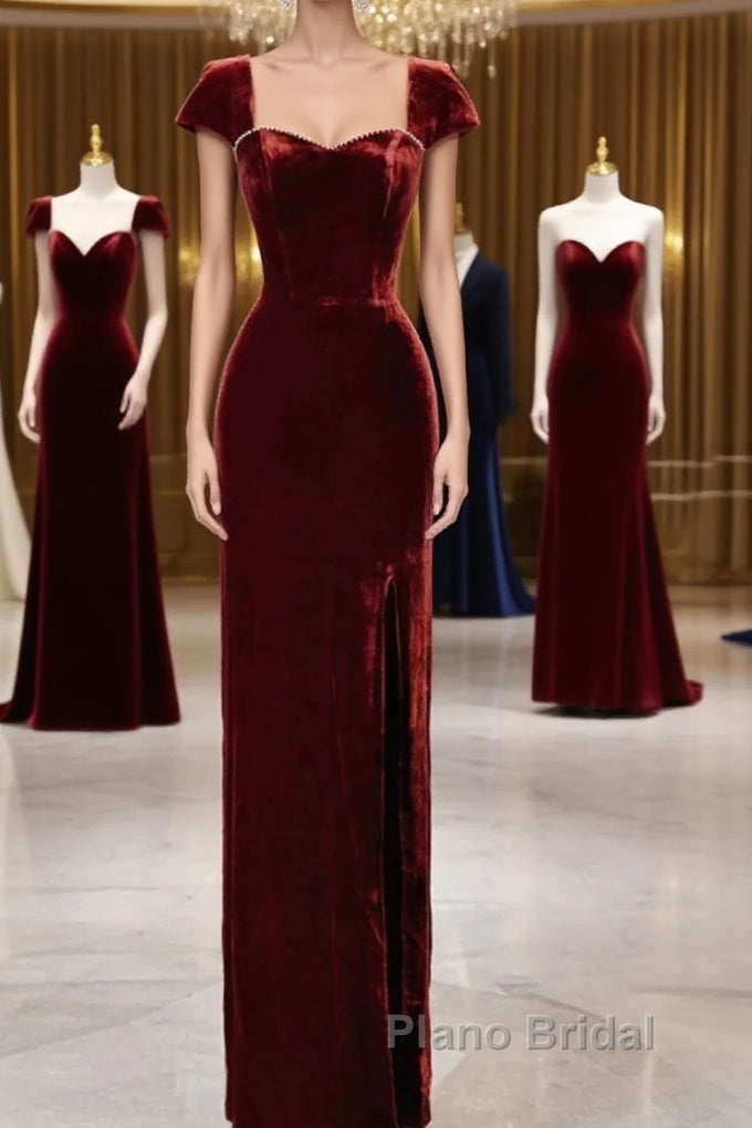 Pretty Mermaid Burgundy Velvet Slit Evening Dresses Formal Prom Dresses