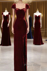 Pretty Mermaid Burgundy Velvet Slit Evening Dresses Formal Prom Dresses