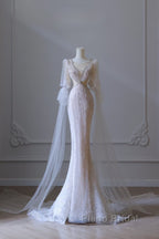 Pretty Mermaid Long Sleeves Pink Formal Prom Dresses Evening Gowns