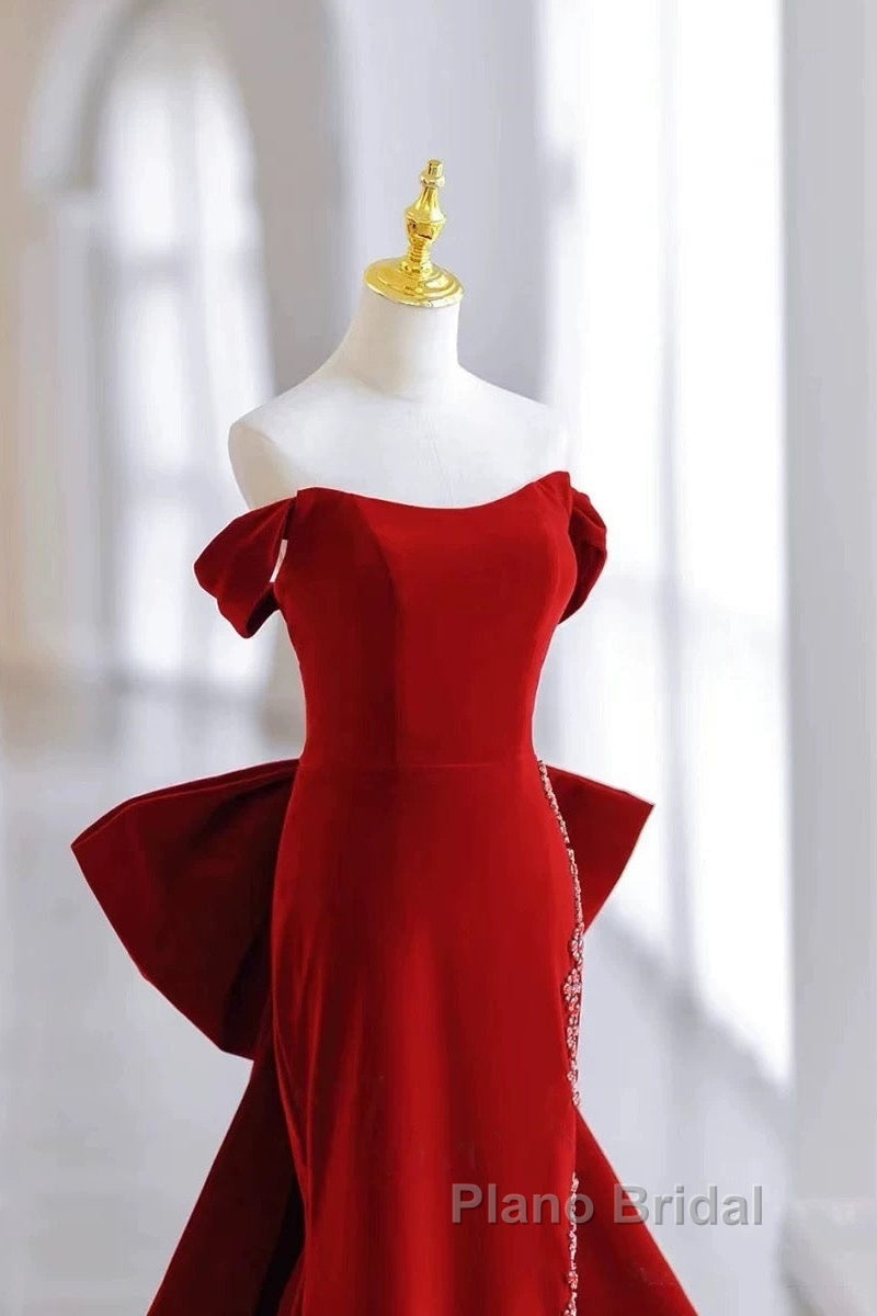 Pretty Mermaid Off The Shoulder Burgundy Satin Long Evening Dresses Formal Prom Dresses