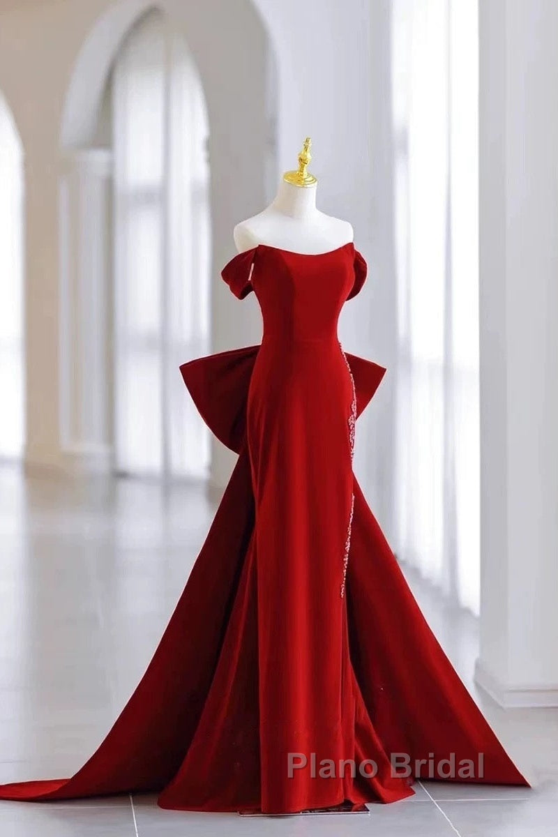 Pretty Mermaid Off The Shoulder Burgundy Satin Long Evening Dresses Formal Prom Dresses