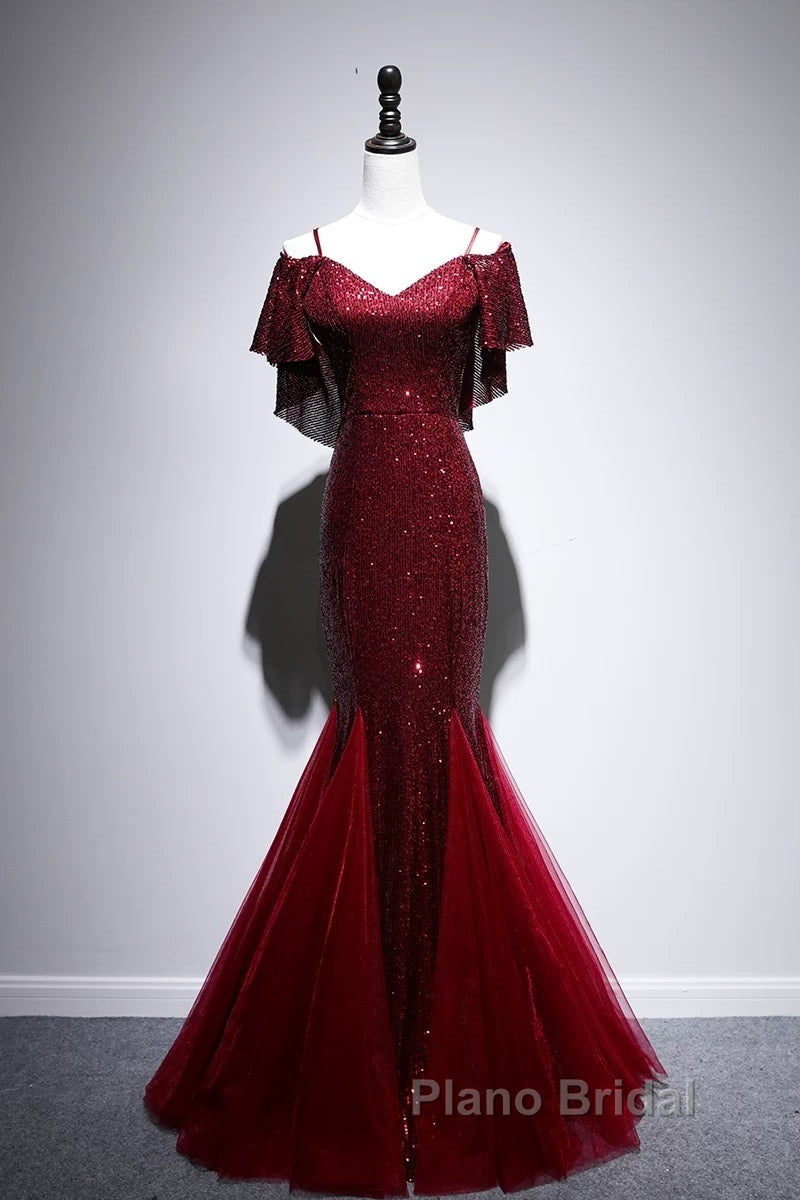 Pretty Mermaid Off The Shoulder Burgundy Sequin Long Evening Dresses Formal Prom Dresses