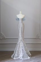 Pretty Mermaid Off The Shoulder Sequin Blue Long Formal Prom Dresses Formal Gowns