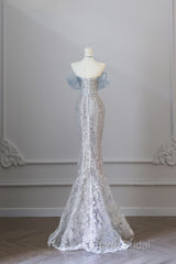 Pretty Mermaid Off The Shoulder Sequin Blue Long Formal Prom Dresses Formal Gowns