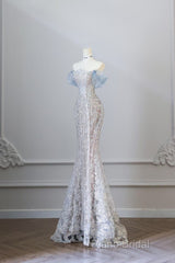 Pretty Mermaid Off The Shoulder Sequin Blue Long Formal Prom Dresses Formal Gowns