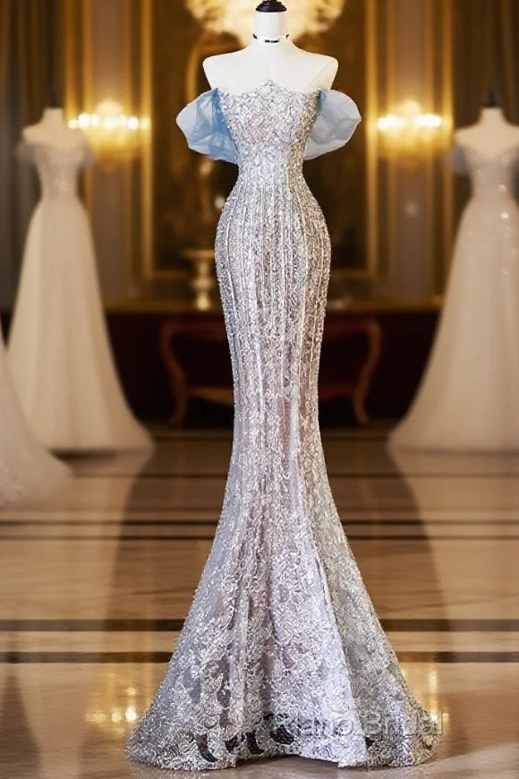 Pretty Mermaid Off The Shoulder Sequin Blue Long Formal Prom Dresses Formal Gowns Main image