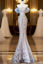 Pretty Mermaid Off The Shoulder Sequin Blue Long Formal Prom Dresses Formal Gowns