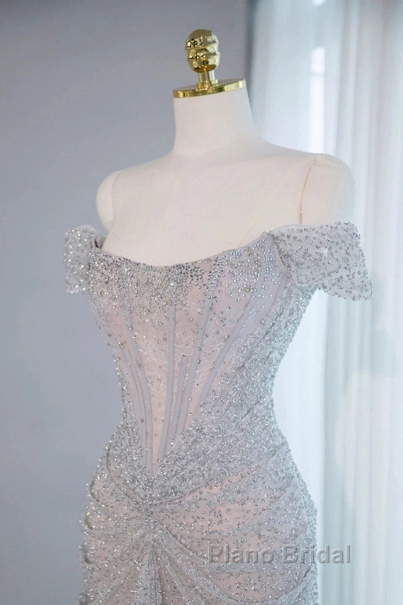 Pretty Mermaid Off The Shoulder Silver Sequin Evening Dresses Formal Prom Dresses