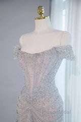 Pretty Mermaid Off The Shoulder Silver Sequin Evening Dresses Formal Prom Dresses