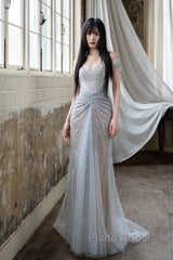 Pretty Mermaid Off The Shoulder Silver Sequin Evening Dresses Formal Prom Dresses